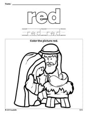 Free Christmas Baby Jesus color red coloring page and color worksheet, red worksheet for preschoolers to learn colors, printable PDF