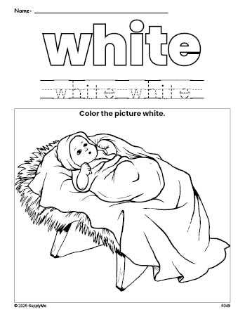 Free Christmas Baby Jesus color white coloring page and color worksheet, white worksheet for preschoolers to learn colors, printable PDF