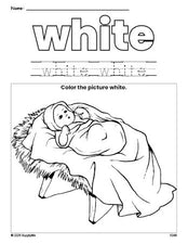 Free Christmas Baby Jesus color white coloring page and color worksheet, white worksheet for preschoolers to learn colors, printable PDF