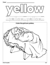 Free Christmas Baby Jesus color yellow coloring page and color worksheet, yellow worksheet for preschoolers to learn colors, printable PDF