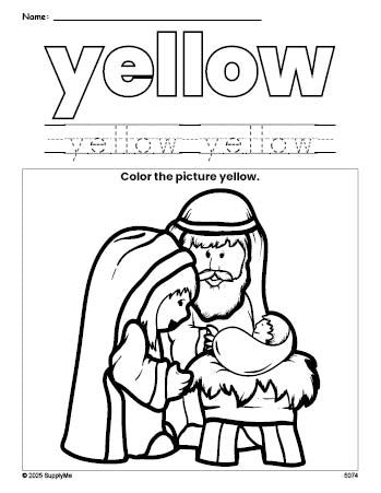 Free Christmas Baby Jesus color yellow coloring page and color worksheet, yellow worksheet for preschoolers to learn colors, printable PDF