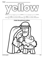 Free Christmas Baby Jesus color yellow coloring page and color worksheet, yellow worksheet for preschoolers to learn colors, printable PDF