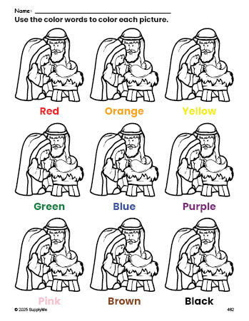 Free Christmas Baby Jesus coloring page and color worksheet for preschoolers to learn colors, printable PDF