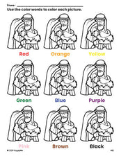 Free Christmas Baby Jesus coloring page and color worksheet for preschoolers to learn colors, printable PDF