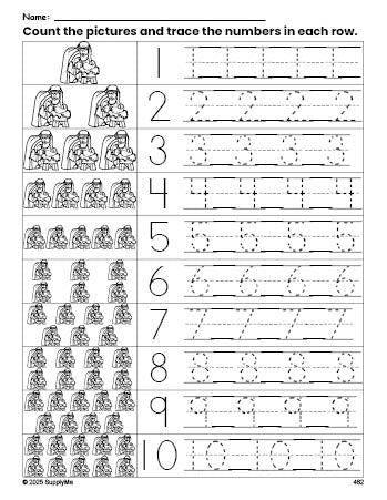 Free printable Christmas Baby Jesus counting worksheet for preschool and pre-k with number tracing practice 1-10, PDF