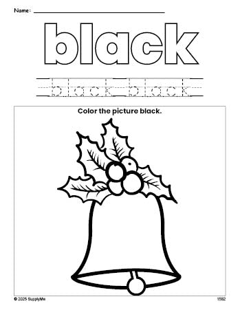 Free Christmas bell color black coloring page and color worksheet, black worksheet for preschoolers to learn colors, printable PDF