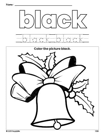 Free Christmas bell color black coloring page and color worksheet, black worksheet for preschoolers to learn colors, printable PDF