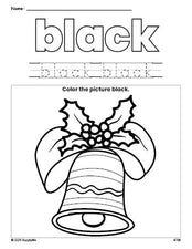 Free Christmas bell color black coloring page and color worksheet, black worksheet for preschoolers to learn colors, printable PDF