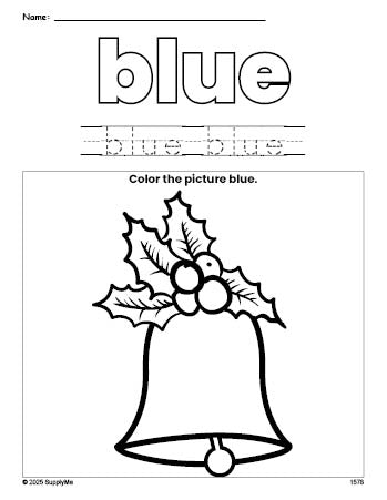 Free Christmas bell color blue coloring page and color worksheet, blue worksheet for preschoolers to learn colors, printable PDF