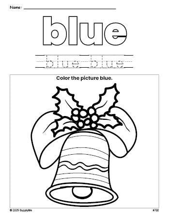 Free Christmas bell color blue coloring page and color worksheet, blue worksheet for preschoolers to learn colors, printable PDF