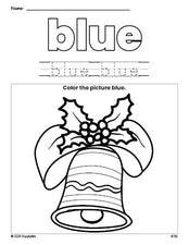 Free Christmas bell color blue coloring page and color worksheet, blue worksheet for preschoolers to learn colors, printable PDF