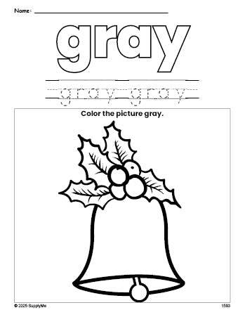 Free Christmas bell color gray coloring page and color worksheet, gray worksheet for preschoolers to learn colors, printable PDF