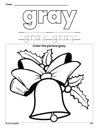 Free Christmas bell color gray coloring page and color worksheet, gray worksheet for preschoolers to learn colors, printable PDF