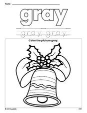 Free Christmas bell color gray coloring page and color worksheet, gray worksheet for preschoolers to learn colors, printable PDF