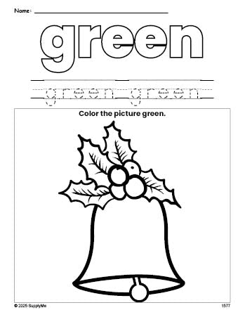 Free Christmas bell color green coloring page and color worksheet, green worksheet for preschoolers to learn colors, printable PDF