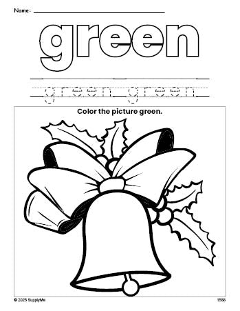 Free Christmas bell color green coloring page and color worksheet, green worksheet for preschoolers to learn colors, printable PDF