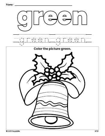 Free Christmas bell color green coloring page and color worksheet, green worksheet for preschoolers to learn colors, printable PDF