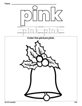 Free Christmas bell color pink coloring page and color worksheet, pink worksheet for preschoolers to learn colors, printable PDF