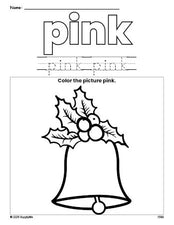 Free Christmas bell color pink coloring page and color worksheet, pink worksheet for preschoolers to learn colors, printable PDF