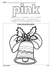 Free Christmas bell color pink coloring page and color worksheet, pink worksheet for preschoolers to learn colors, printable PDF