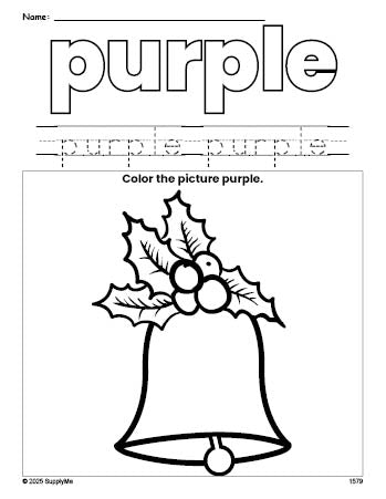 Free Christmas bell color purple coloring page and color worksheet, purple worksheet for preschoolers to learn colors, printable PDF