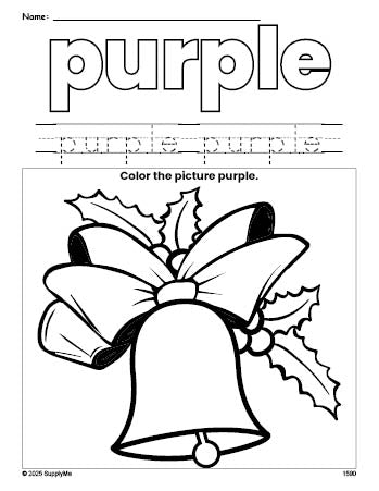 Free Christmas bell color purple coloring page and color worksheet, purple worksheet for preschoolers to learn colors, printable PDF