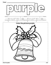 Free Christmas bell color purple coloring page and color worksheet, purple worksheet for preschoolers to learn colors, printable PDF