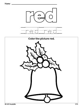 Free Christmas bell color red coloring page and color worksheet, red worksheet for preschoolers to learn colors, printable PDF