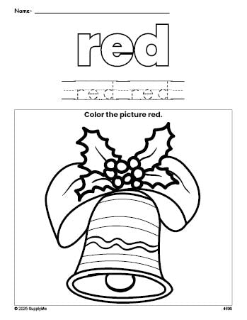 Free Christmas bell color red coloring page and color worksheet, red worksheet for preschoolers to learn colors, printable PDF