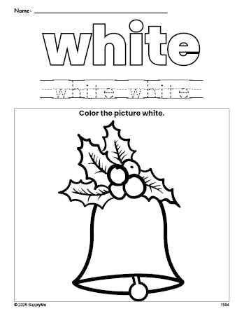 Free Christmas bell color white coloring page and color worksheet, white worksheet for preschoolers to learn colors, printable PDF