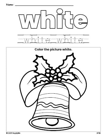 Free Christmas bell color white coloring page and color worksheet, white worksheet for preschoolers to learn colors, printable PDF