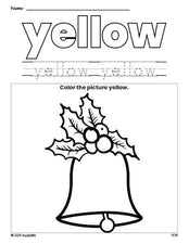 Free Christmas bell color yellow coloring page and color worksheet, yellow worksheet for preschoolers to learn colors, printable PDF