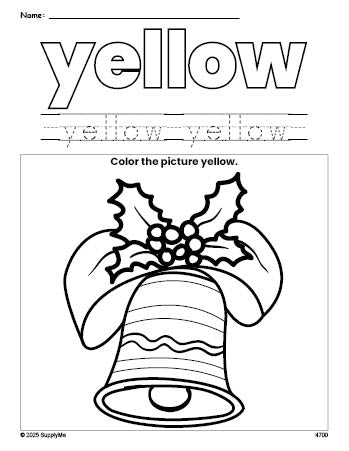 Free Christmas bell color yellow coloring page and color worksheet, yellow worksheet for preschoolers to learn colors, printable PDF