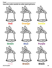 Free Christmas bell coloring page and color worksheet for preschoolers to learn colors, printable PDF