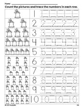 Free printable Christmas bell counting worksheet for preschool and pre-k with number tracing practice 1-10, PDF