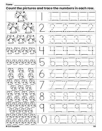 Free printable Christmas bell counting worksheet for preschool and pre-k with number tracing practice 1-10, PDF