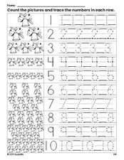 Free printable Christmas bell counting worksheet for preschool and pre-k with number tracing practice 1-10, PDF