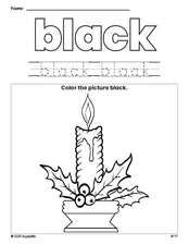 Free Christmas candle color black coloring page and color worksheet, black worksheet for preschoolers to learn colors, printable PDF