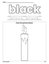 Free Christmas candle color black coloring page and color worksheet, black worksheet for preschoolers to learn colors, printable PDF