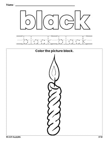 Free Christmas candle color black coloring page and color worksheet, black worksheet for preschoolers to learn colors, printable PDF