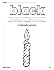 Free Christmas candle color black coloring page and color worksheet, black worksheet for preschoolers to learn colors, printable PDF