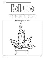 Free Christmas candle color blue coloring page and color worksheet, blue worksheet for preschoolers to learn colors, printable PDF