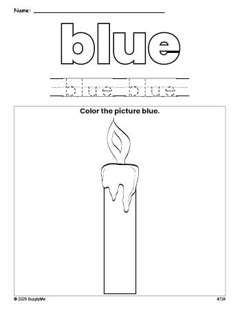 Free Christmas candle color blue coloring page and color worksheet, blue worksheet for preschoolers to learn colors, printable PDF