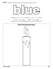 Free Christmas candle color blue coloring page and color worksheet, blue worksheet for preschoolers to learn colors, printable PDF