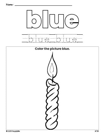 Free Christmas candle color blue coloring page and color worksheet, blue worksheet for preschoolers to learn colors, printable PDF