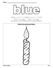 Free Christmas candle color blue coloring page and color worksheet, blue worksheet for preschoolers to learn colors, printable PDF