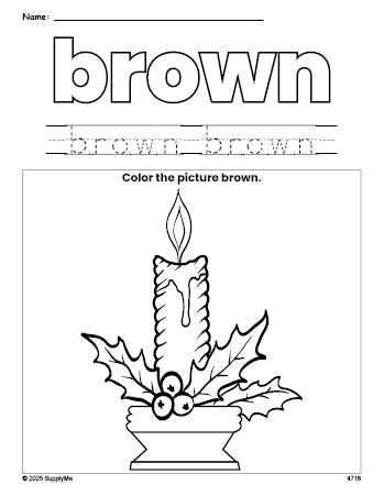 Free Christmas candle color brown coloring page and color worksheet, brown worksheet for preschoolers to learn colors, printable PDF