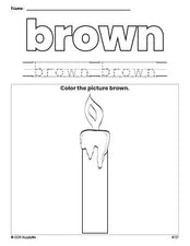 Free Christmas candle color brown coloring page and color worksheet, brown worksheet for preschoolers to learn colors, printable PDF