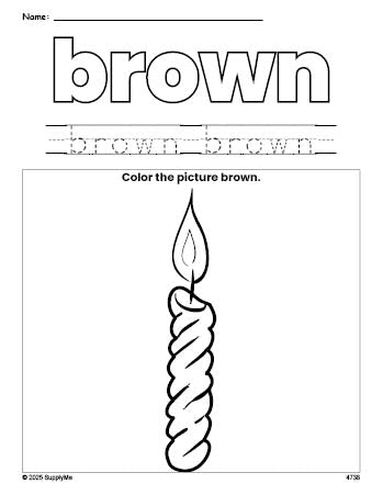 Free Christmas candle color brown coloring page and color worksheet, brown worksheet for preschoolers to learn colors, printable PDF