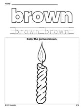 Free Christmas candle color brown coloring page and color worksheet, brown worksheet for preschoolers to learn colors, printable PDF